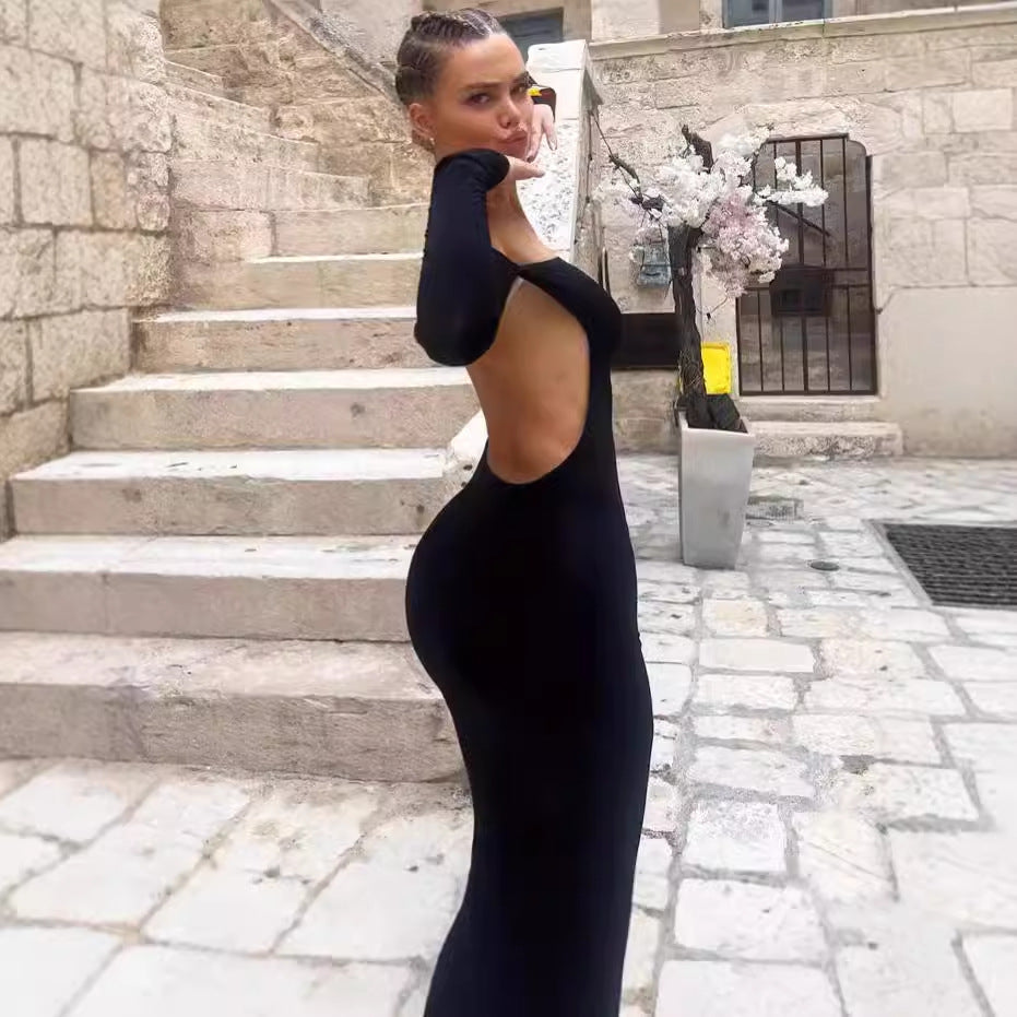 Dames Élégante robe longue avec design sans épaules et manches longues Chic und Stil