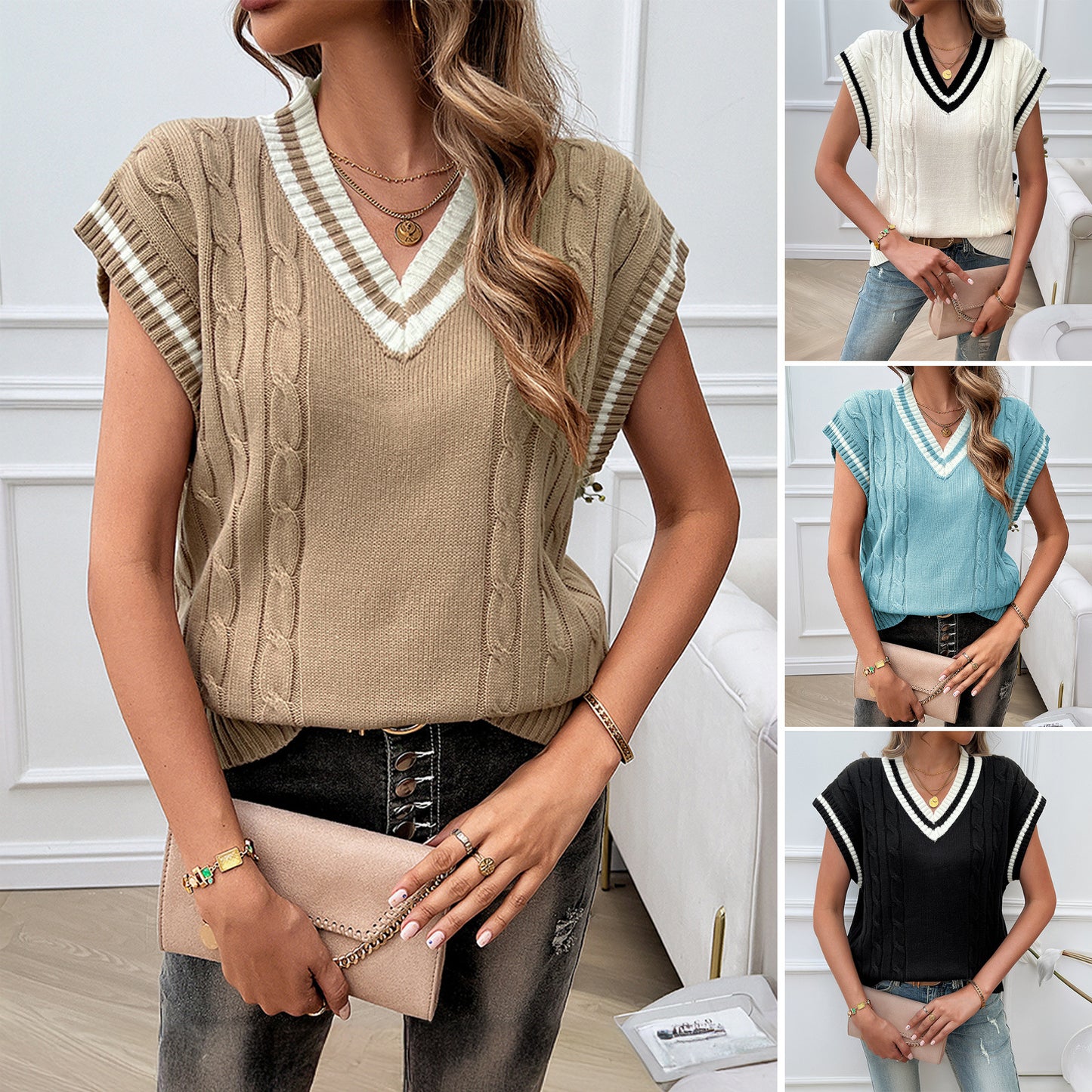 Women's knitted sweater with V-neck and contrasting details Chic und Stil