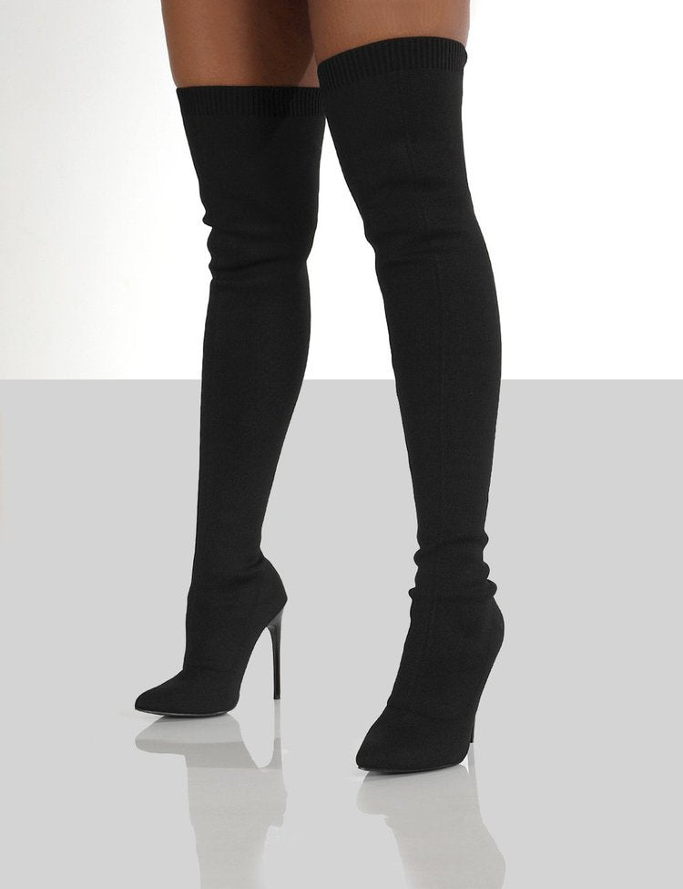 Bottes dames au genou avec un élégant talon et une structure en tricot de haute qualité Chic und Stil