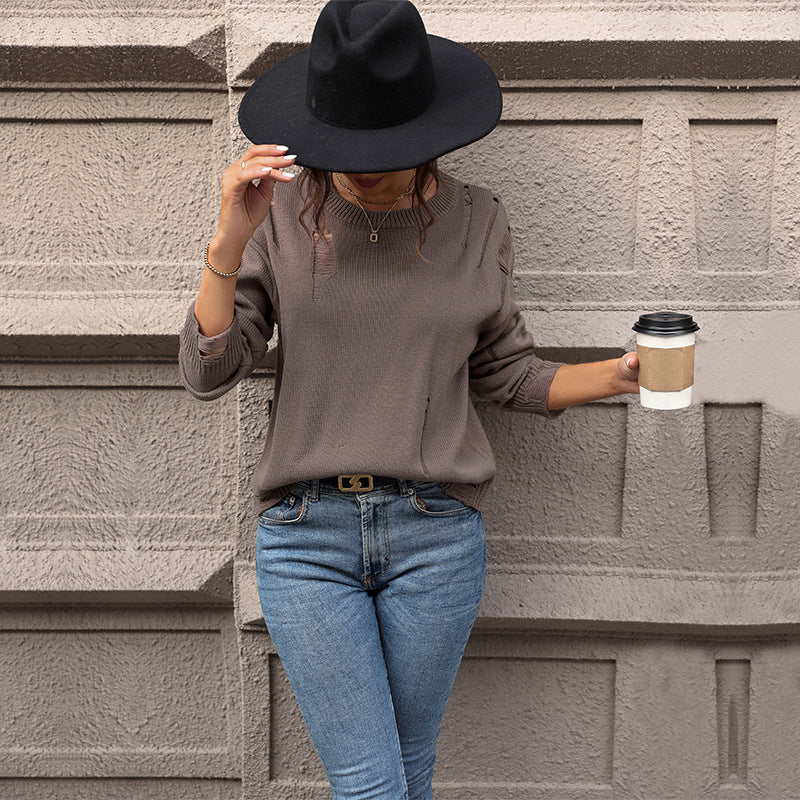 Pull en tricot décontracté pour femme avec un look utilisé à la mode et un col rond Chic und Stil