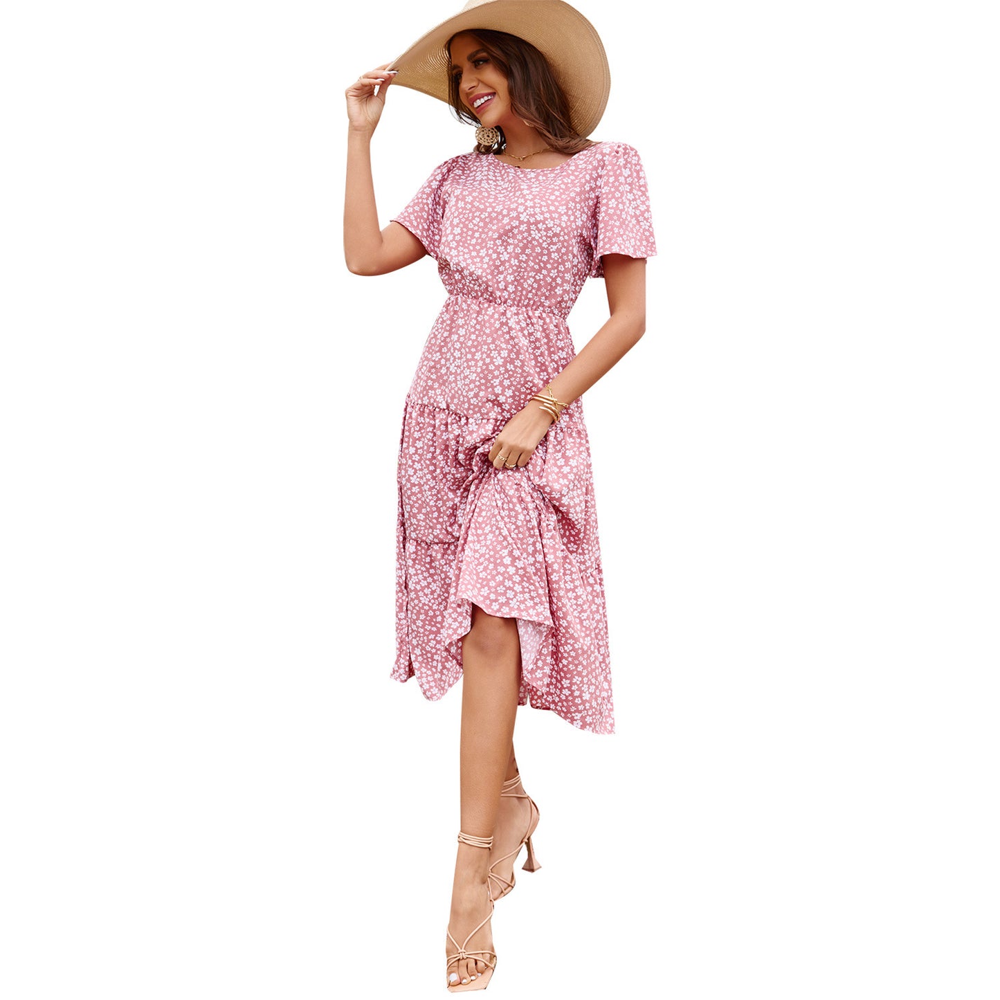 Robe maxi fluide pour femmes avec design floral et ceinture élastique à la taille Chic und Stil