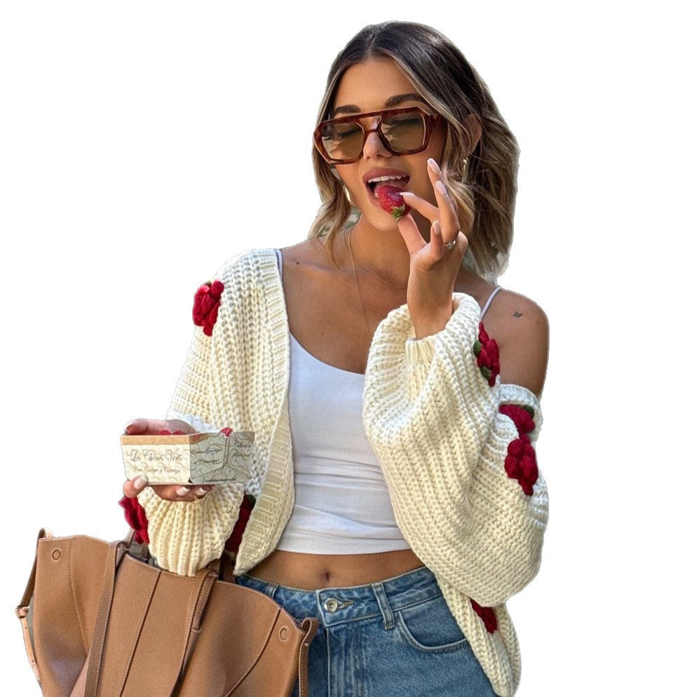 Dames Grand cardigan douillet avec fleurs au crochet Chic und Stil