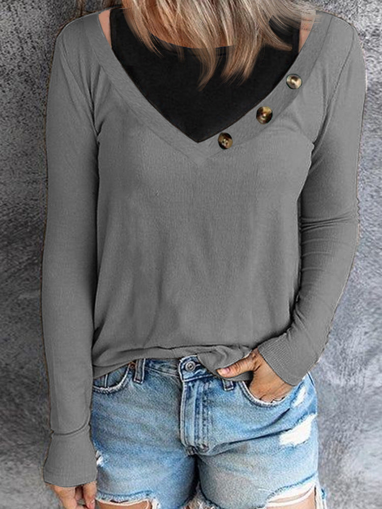 T-shirt à manches longues pour femmes avec décolleté en V et détails de boutons Chic und Stil