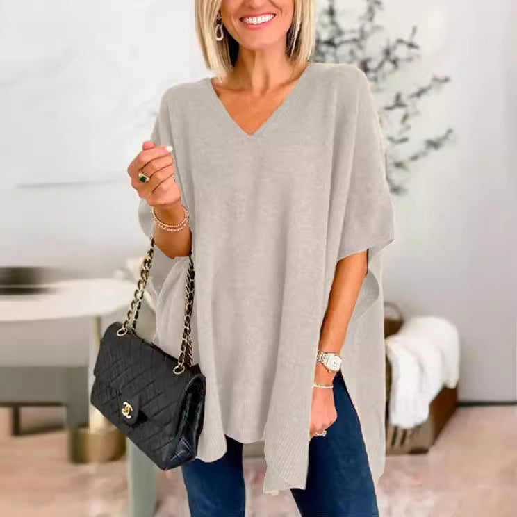 Pull V pour femmes en tricot fin avec des manches larges et un style décontracté Chic und Stil