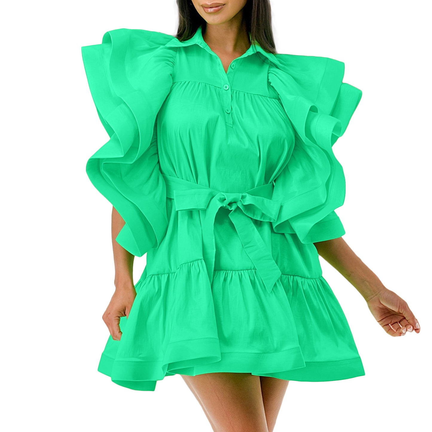 Robe chemise pour femmes avec des manches ruffle volumineuses et une ceinture à la taille Chic und Stil