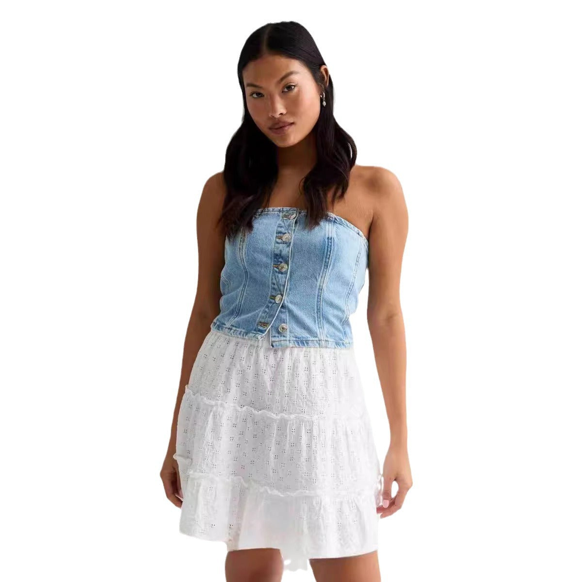 Dames Denim-Crop-Top avec chemisier romantique à volants Chic und Stil