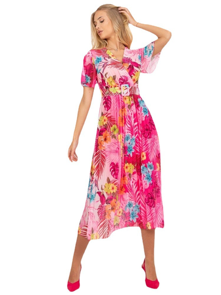Women's Pleated Floral Maxi Dress with Adjustable Belt Chic and Style