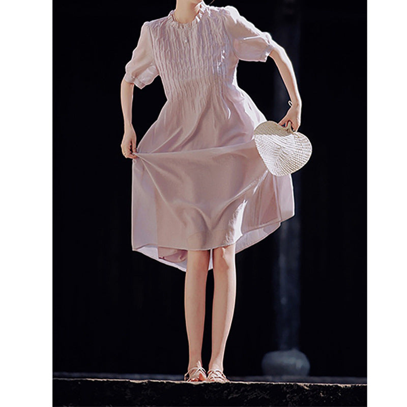 Robe midi plissée pour femmes avec manches courtes bouffantes Chic und Stil