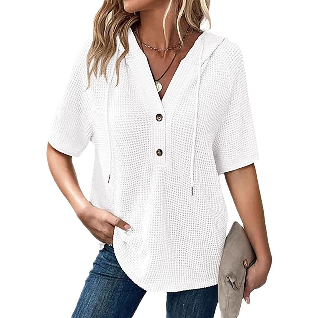 Women's short-sleeved waffle-knit blouse with hood and button placket Chic und Stil