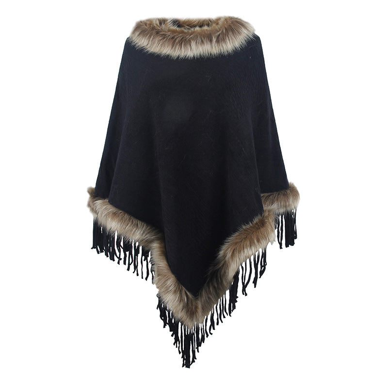 Dames élégant poncho avec col en fausse fourrure luxueuse et franges décadentes Chic und Stil