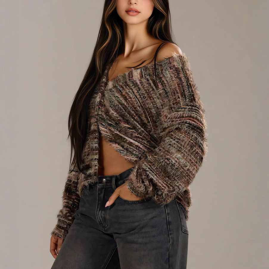 Dames Pull-over en peluche avec décolleté en V profond et coupe ample Chic und Stil