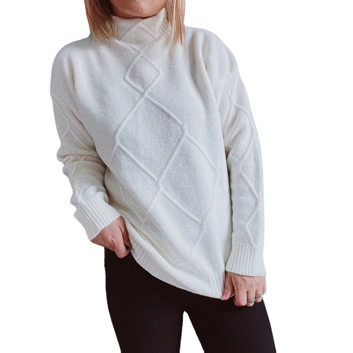 Dames gros tricot pull avec élégant motif en losanges et col haut Chic und Stil