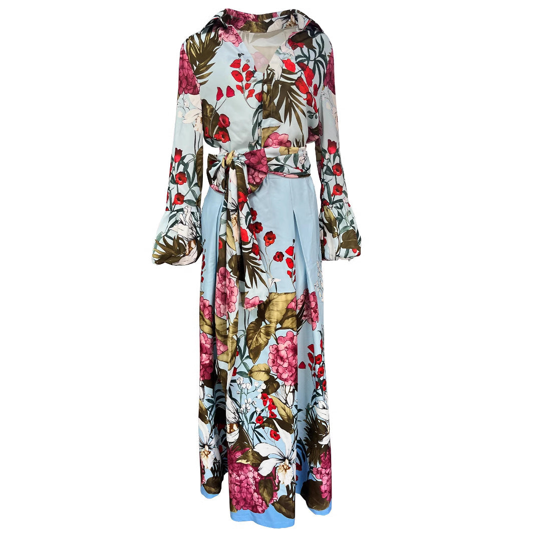 Dames Élégante Robe Maxi avec Motif Floral et Belle Ceinture Chic und Stil