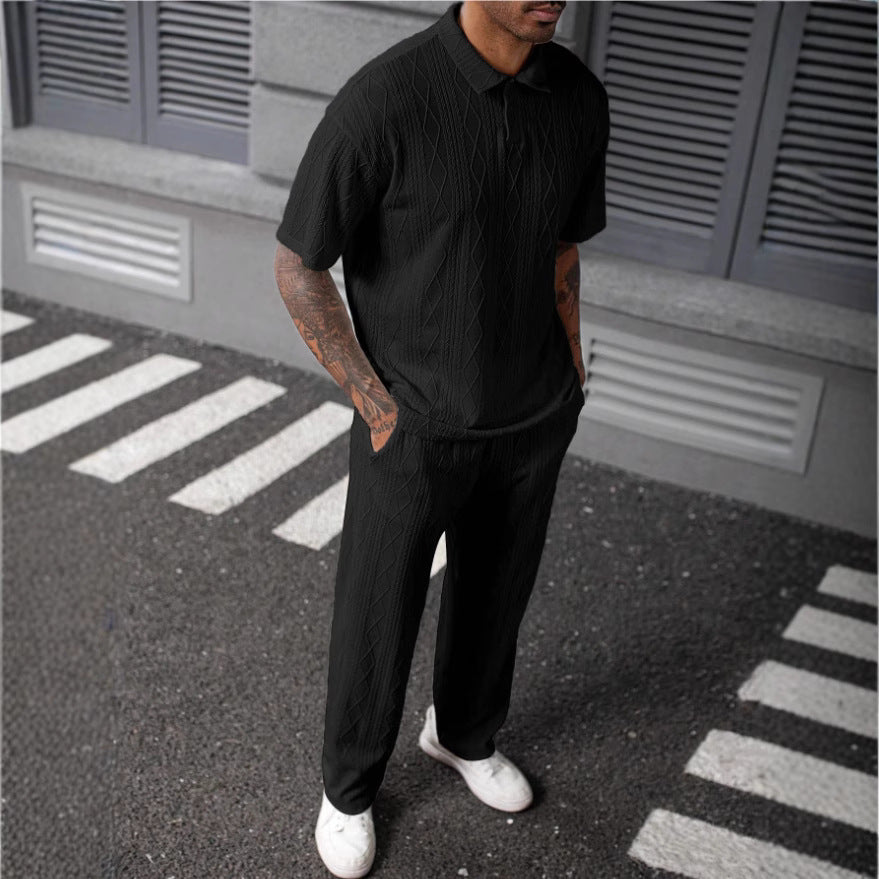 Hommes Ensemble polo en tricot câblé confortable et pantalon Chic und Stil