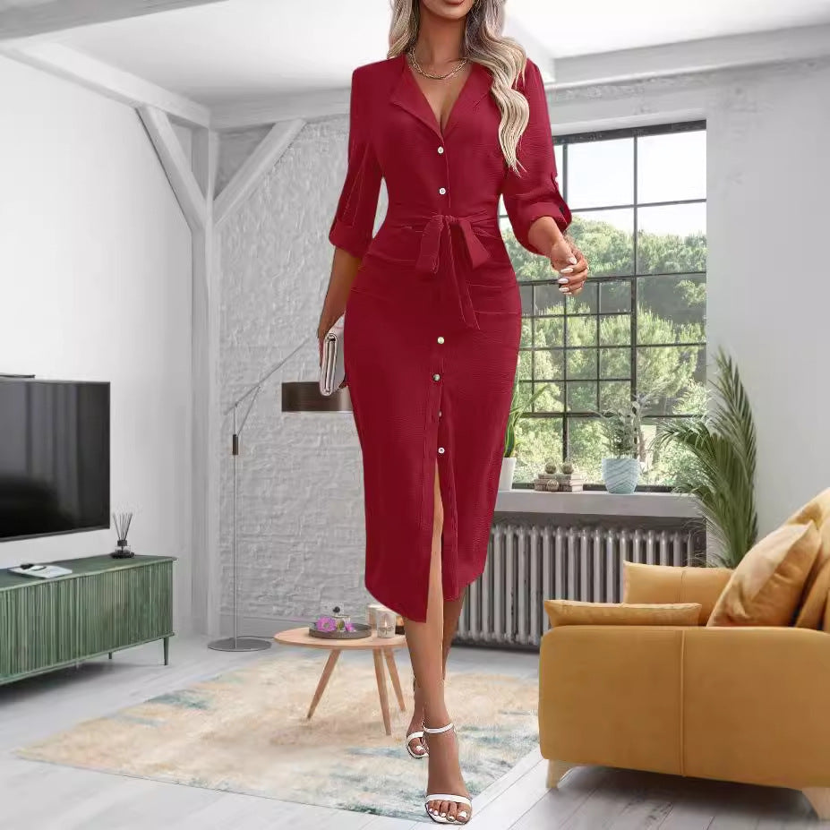 Robe chemise midi pour femmes avec ceinture à la taille Chic und Stil
