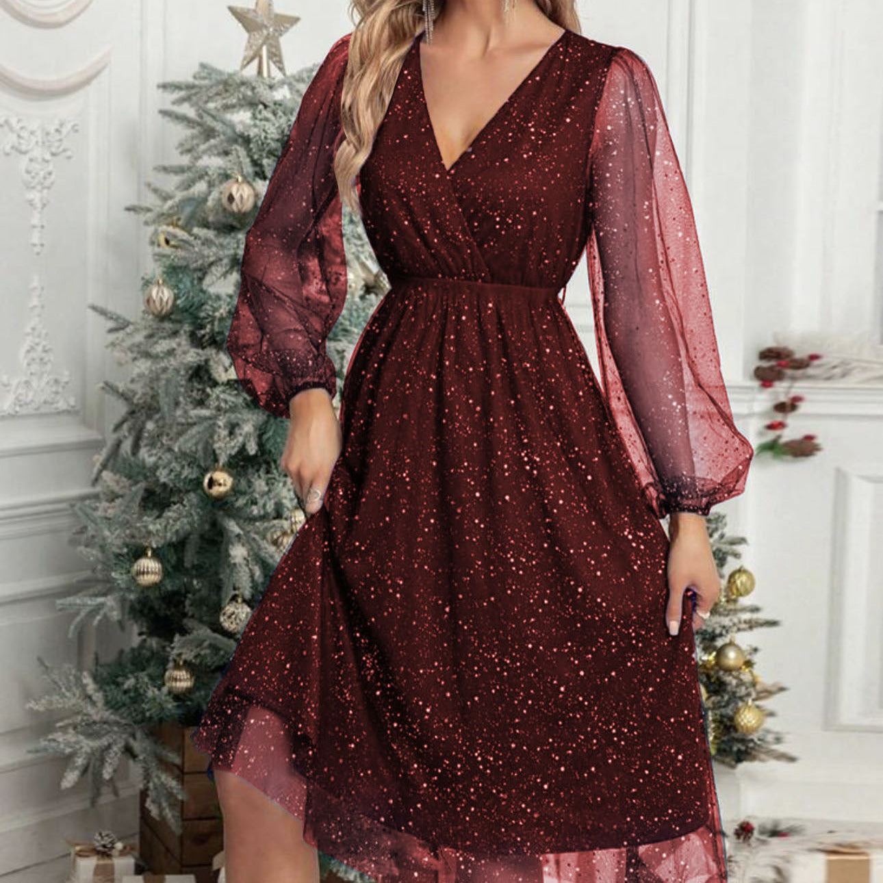 Robe midi glamour pour femmes avec des manches bouffantes transparentes et un motif de sequins scintillants Chic und Stil