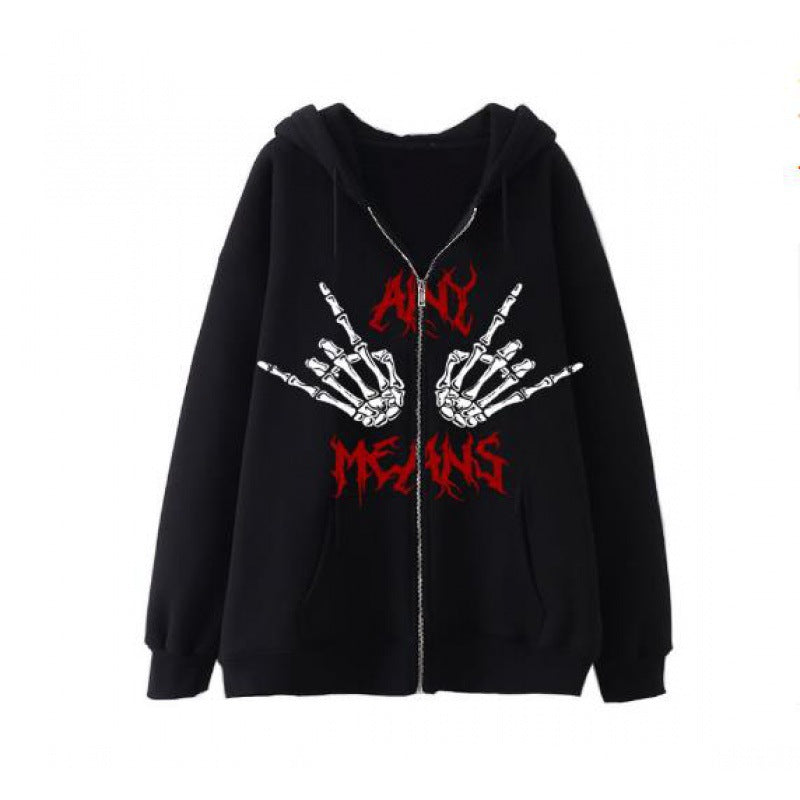 Women's hooded sweatshirt with creative skeleton pattern and practical zipper Chic und Stil
