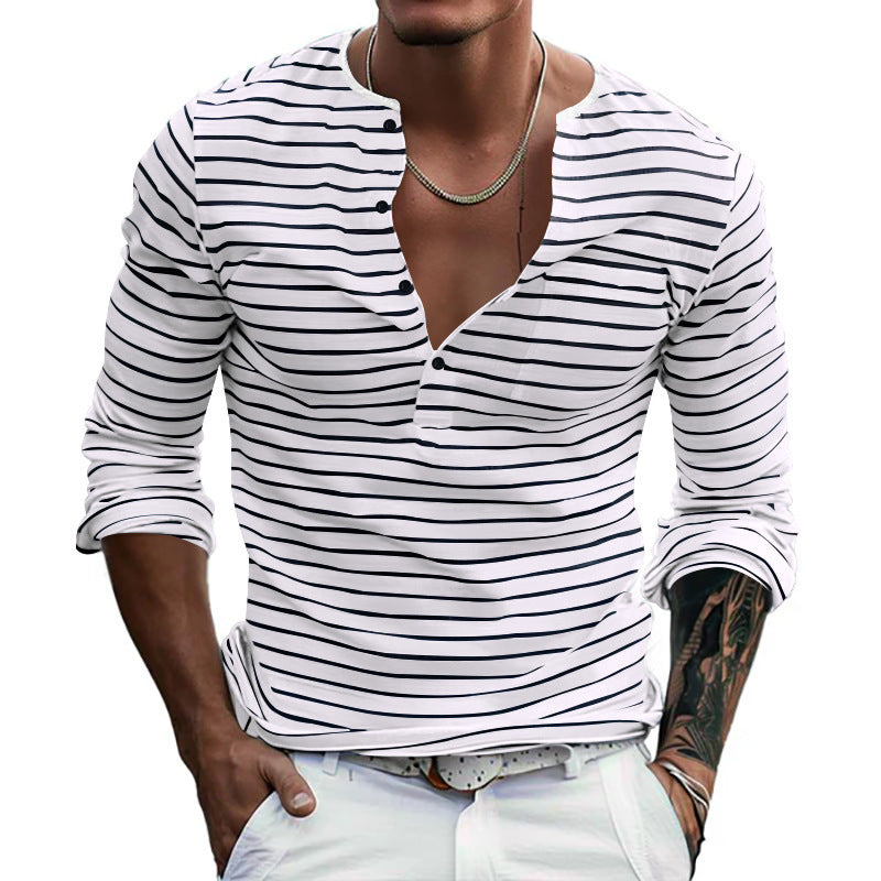 Chemise à manches longues à rayures pour hommes avec patte de boutonnage et décolleté en V Chic und Stil