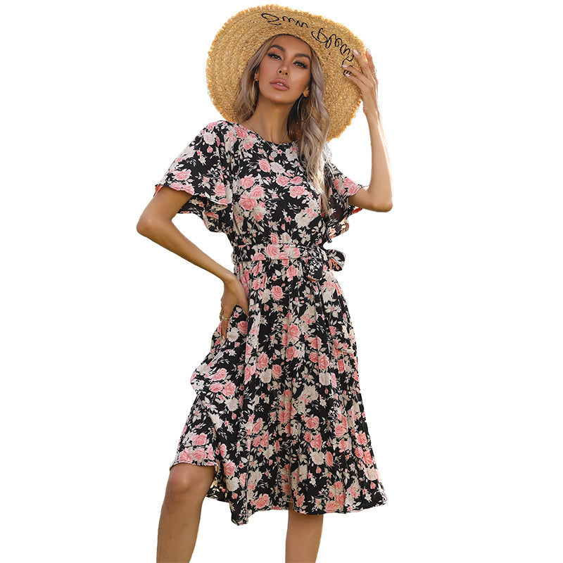 Robe midi portefeuille florale pour femmes avec manches cloche Chic und Stil