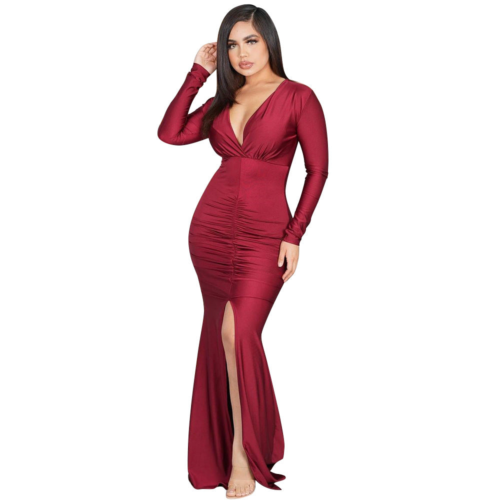 Robe de soirée chic et stylée pour dames à fente haute et volants