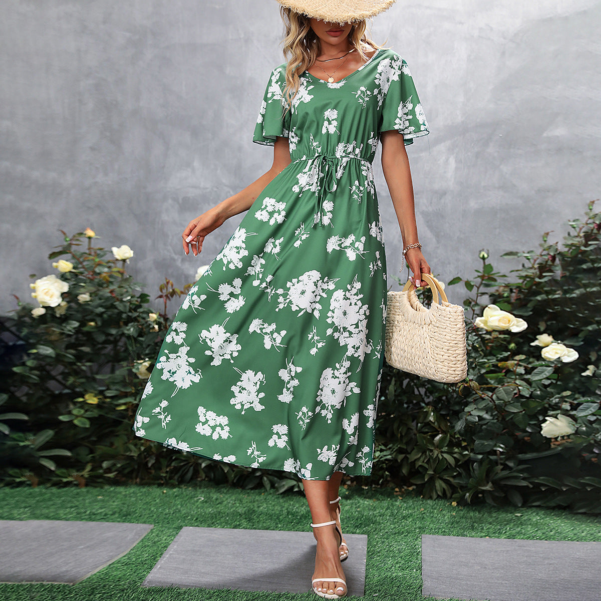 Robe maxi décontractée pour femmes avec motif floral et taille élastique Chic und Stil