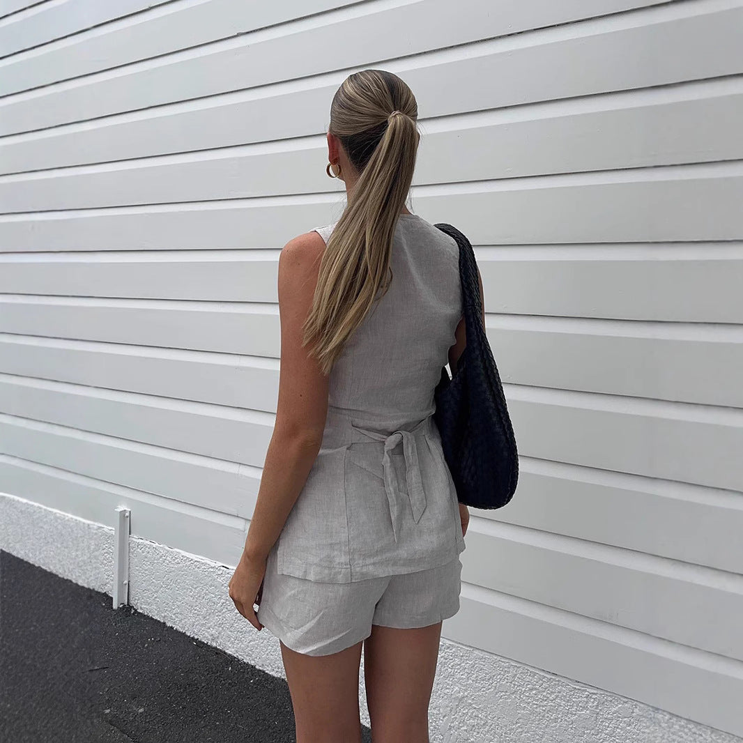 Dames Élégante Blouse en Lin avec Ensemble de Shorts Chic und Stil