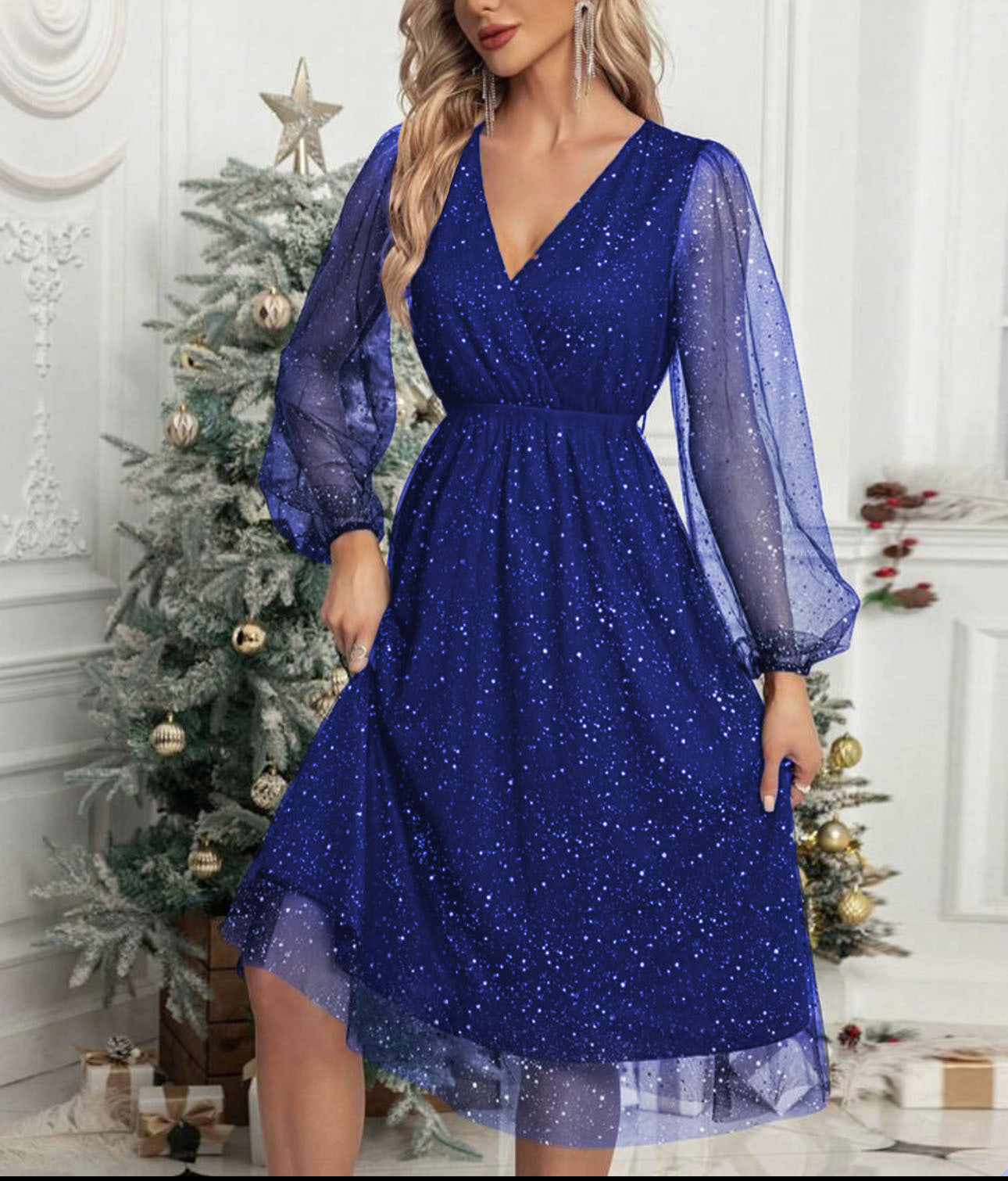 Robe midi glamour pour femmes avec des manches bouffantes transparentes et un motif de sequins scintillants Chic und Stil