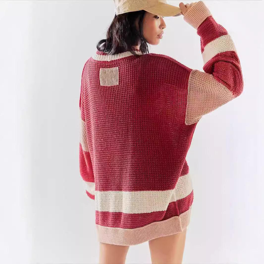Cardigan en tricot décontracté pour femmes avec grandes poches et rayures contrastées élégantes Chic und Stil