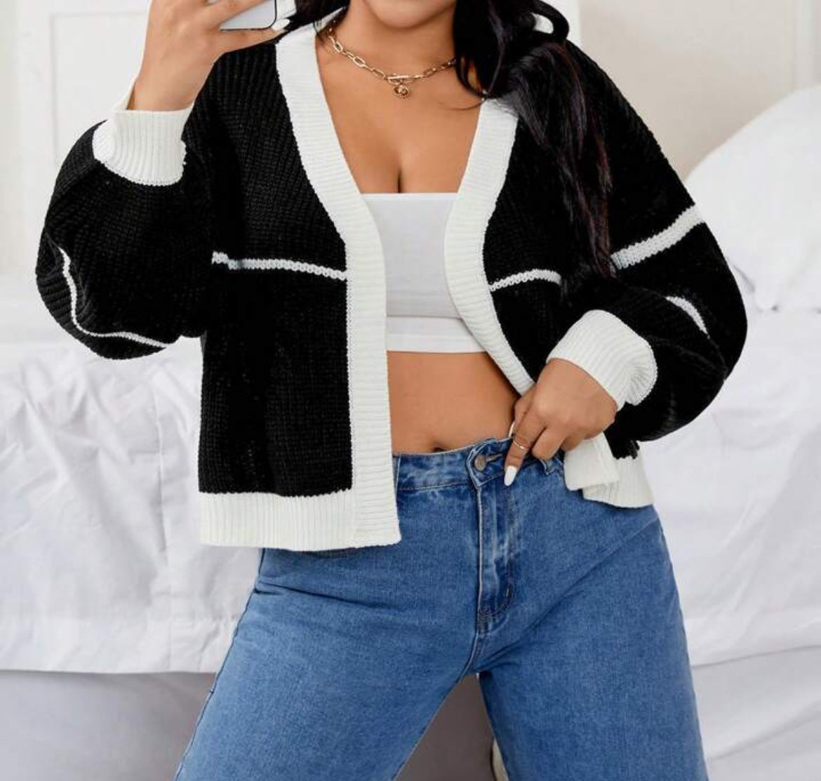 Veste en grosse maille pour femmes avec contraste de couleur et coupe décontractée Chic und Stil