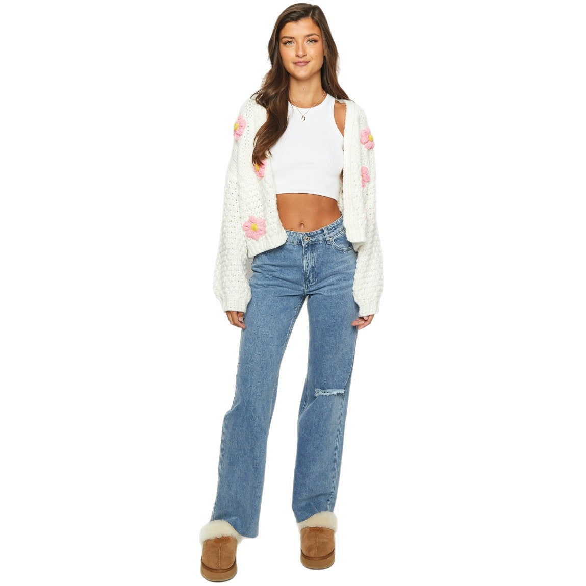 Chic and Style women's cardigan with floral appliqués