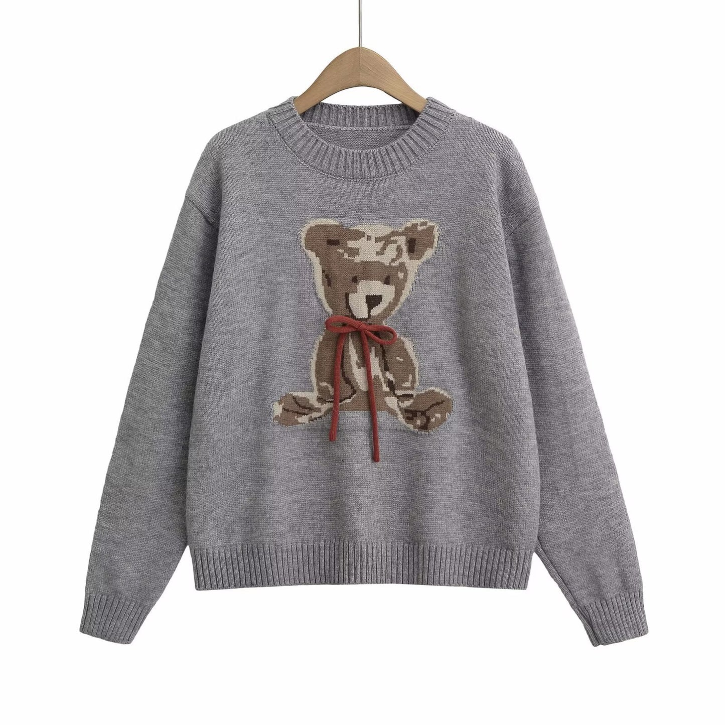 Damen pull en tricot avec motif adorable d'ours et bande décorative à nouer Chic und Stil