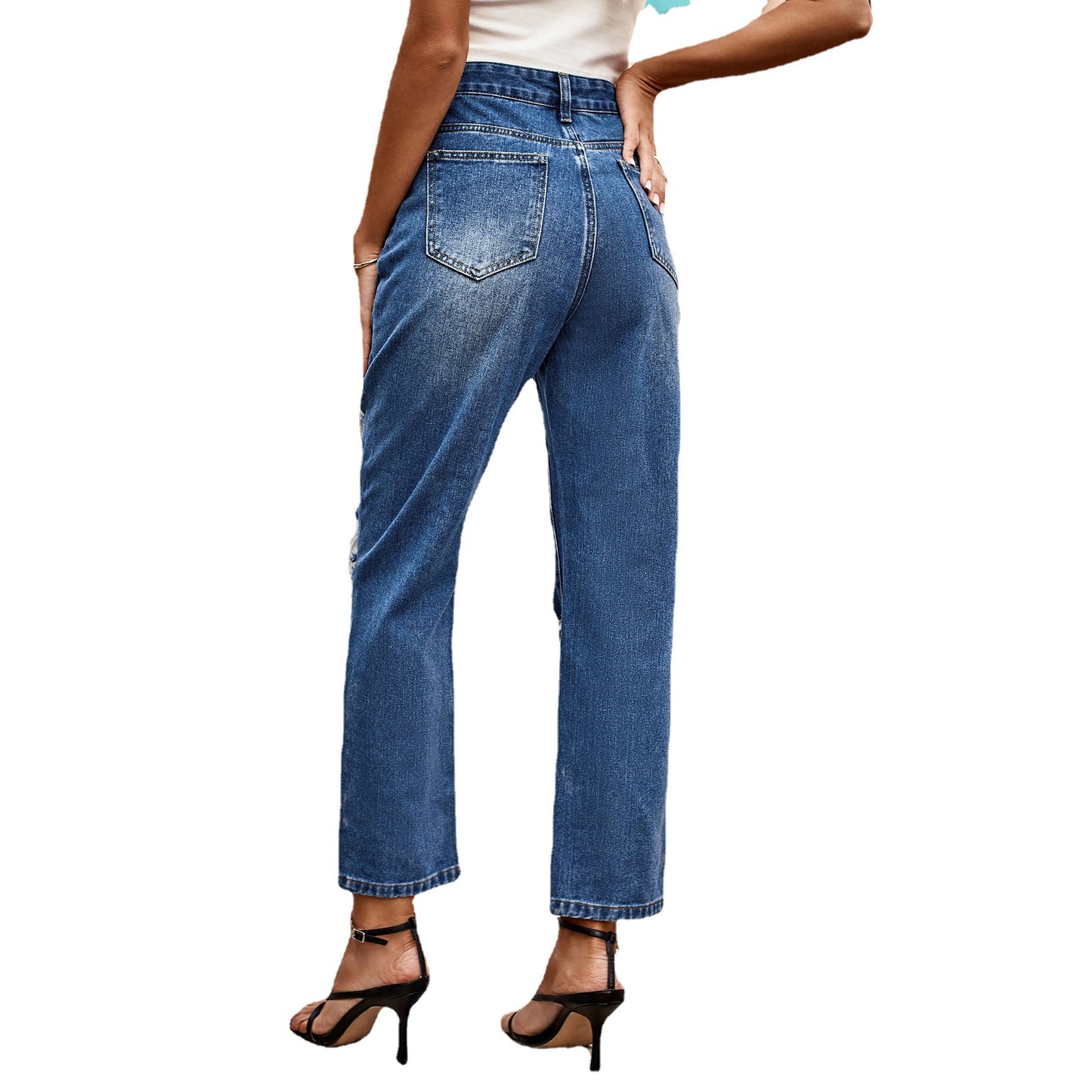 Jean femme coupe décontractée avec éléments déchirés et taille haute Chic und Stil