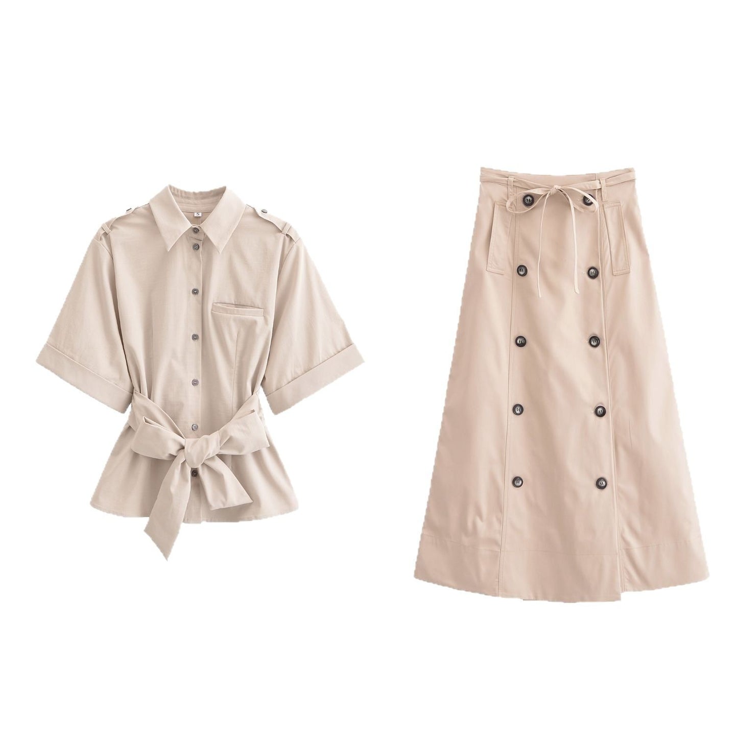 Blouse à manches courtes pour femmes avec ceinture cintrable et design de poches pratique Chic und Stil