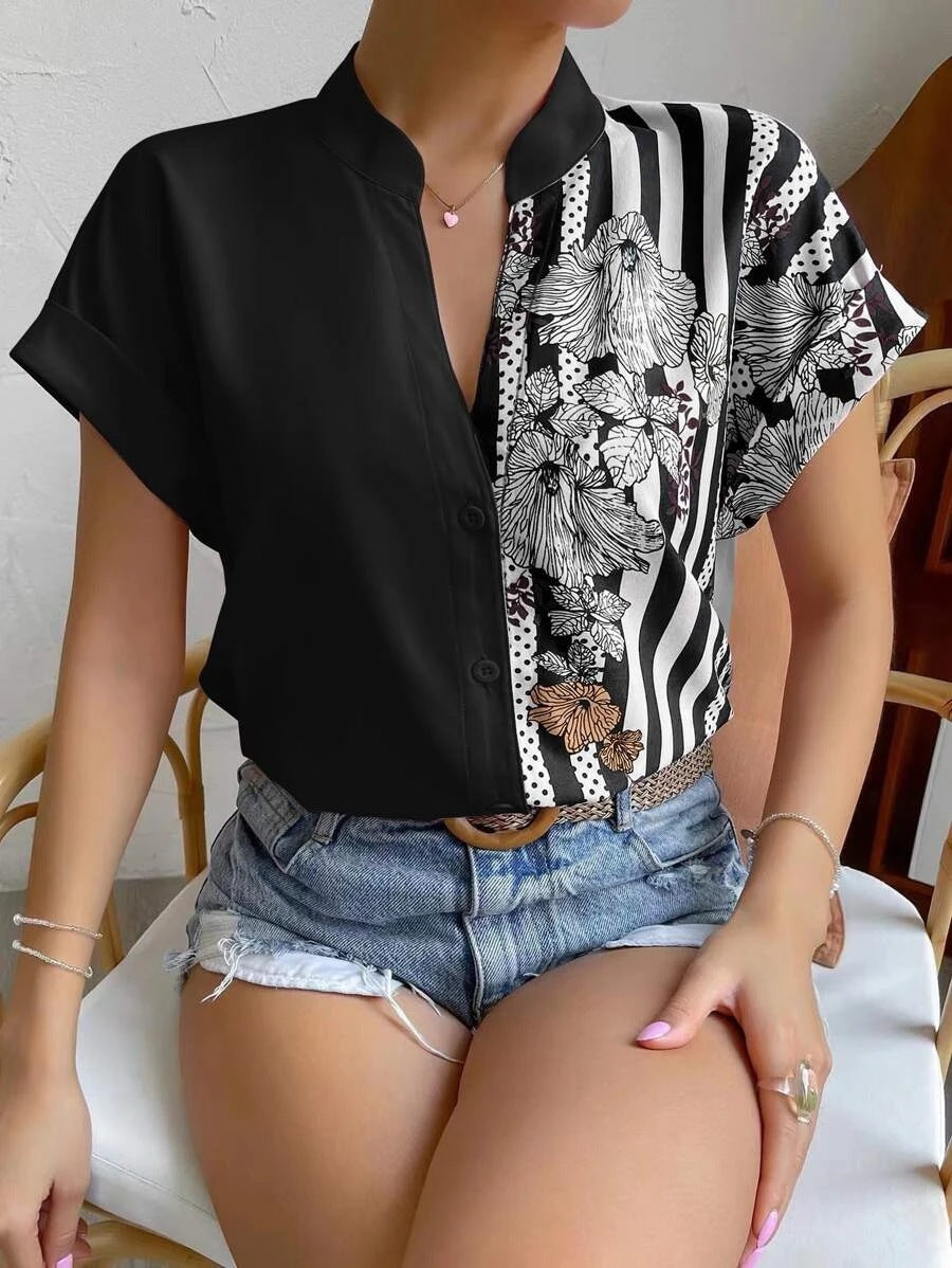 Blouse à boutons élégante pour femmes avec patchwork floral Chic und Stil