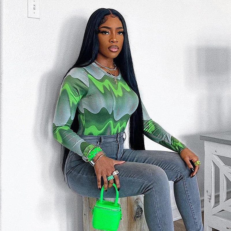 Bodysuit graphique à manches longues pour femmes chic et élégant
