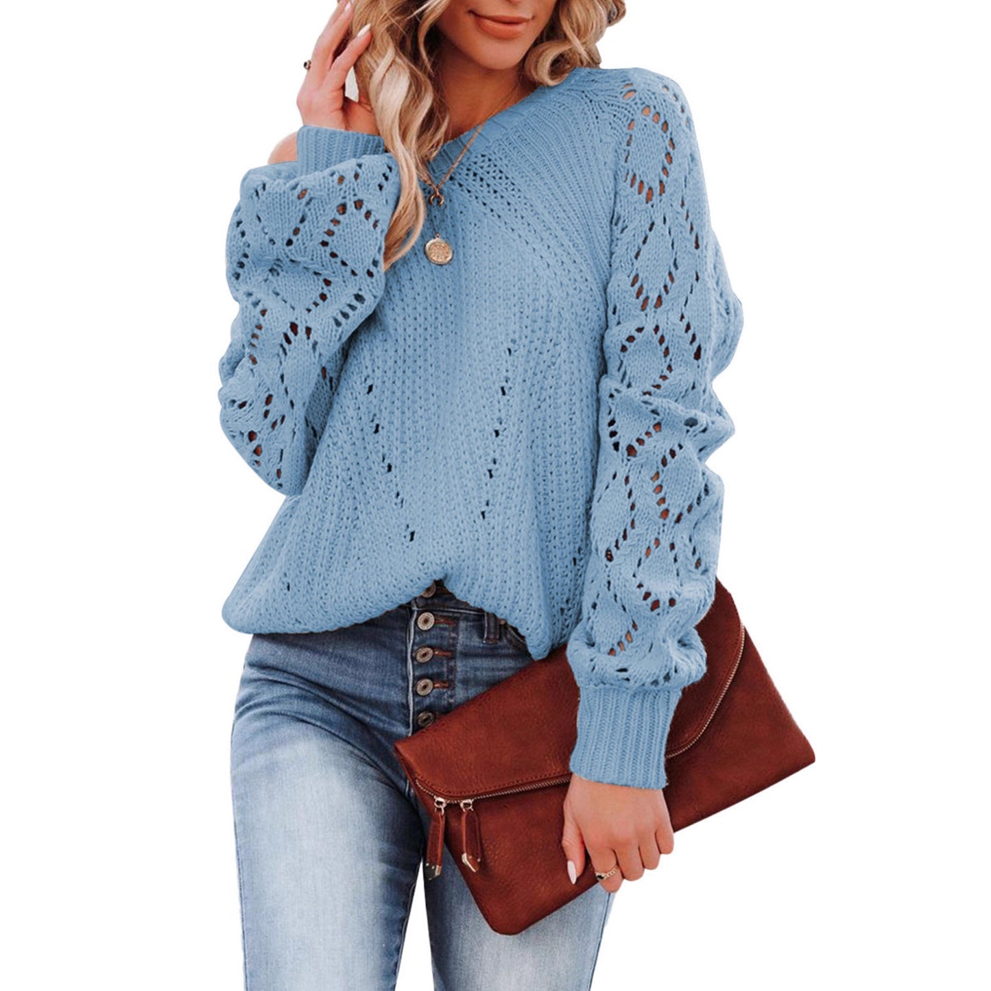 Pull en tricot pour femmes avec un élégant motif ajouré et des manches volumineuses Chic und Stil