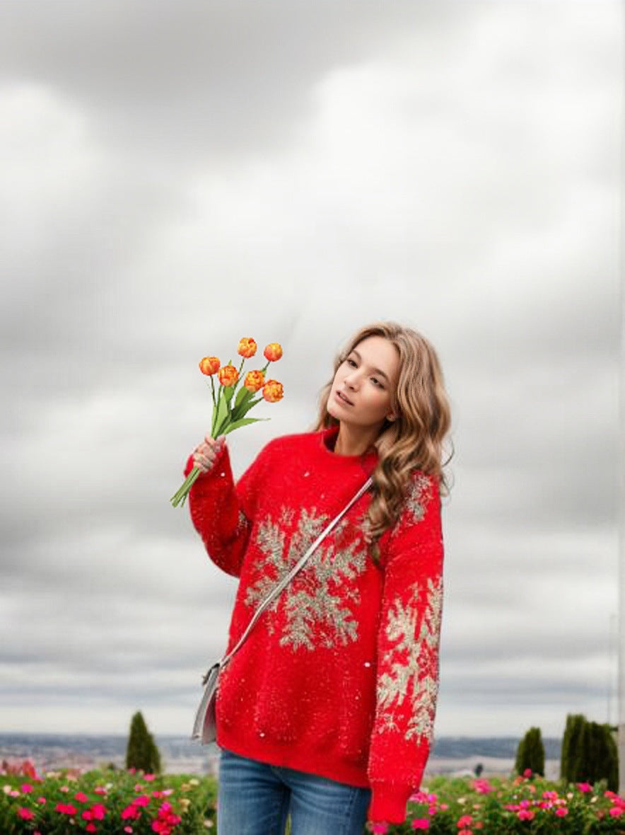 Pull de Noël pour femmes avec motif de flocons de neige festif et coupe large Chic und Stil