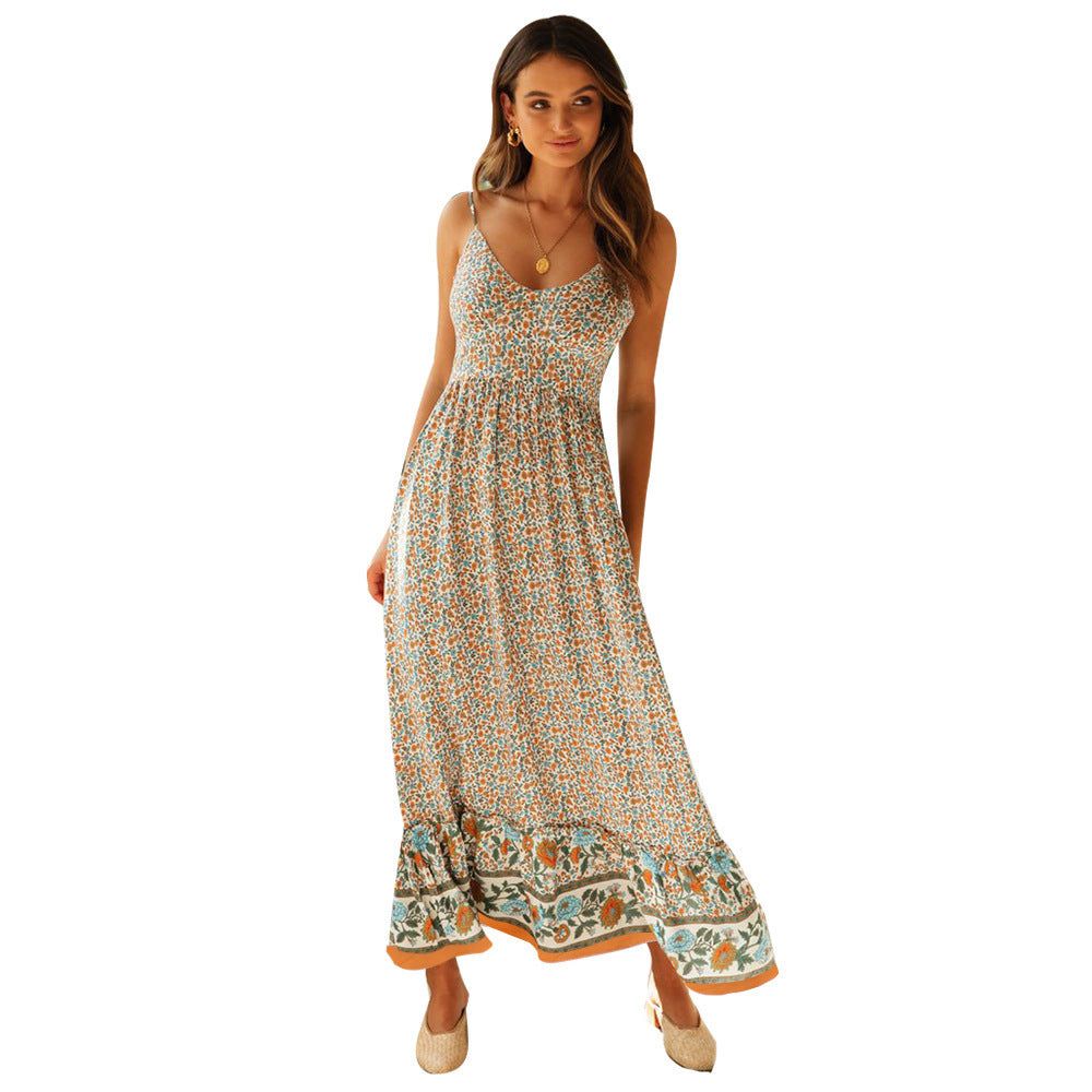 Robe maxi dames avec motif floral et design délicat de bretelles spaghetti Chic und Stil