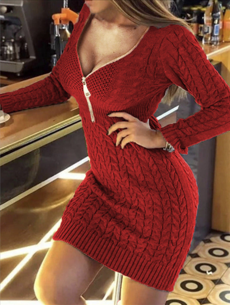 Robe en tricot pour femmes avec un design de fermeture éclair de haute qualité et un motif en losange texturé Chic und Stil