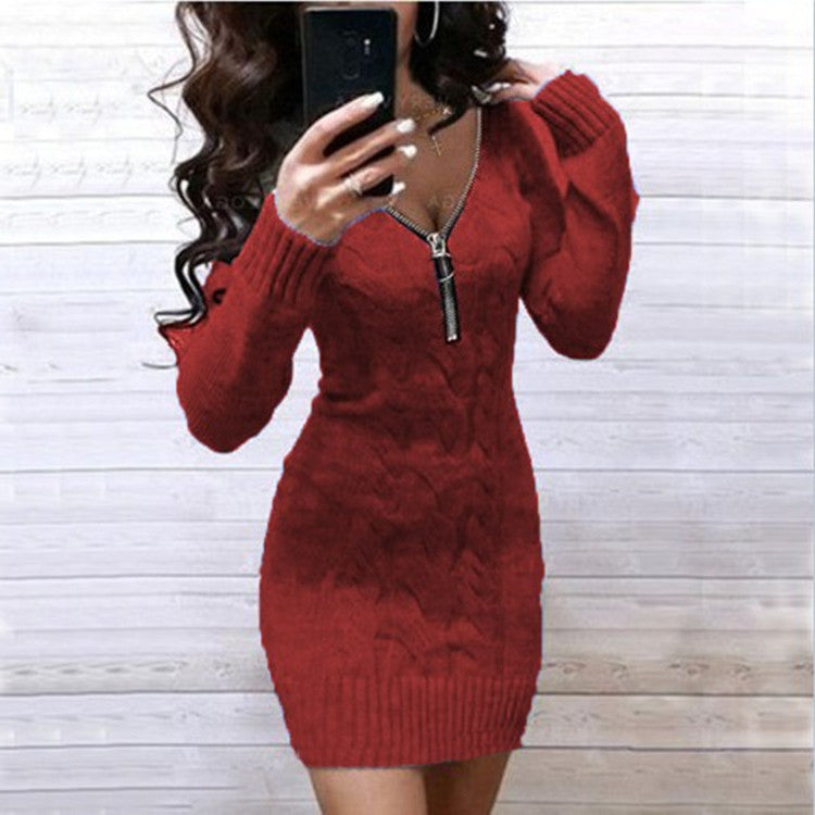 Robe en tricot pour femmes avec une fermeture éclair avant riche en détails et un motif losange élégant Chic und Stil