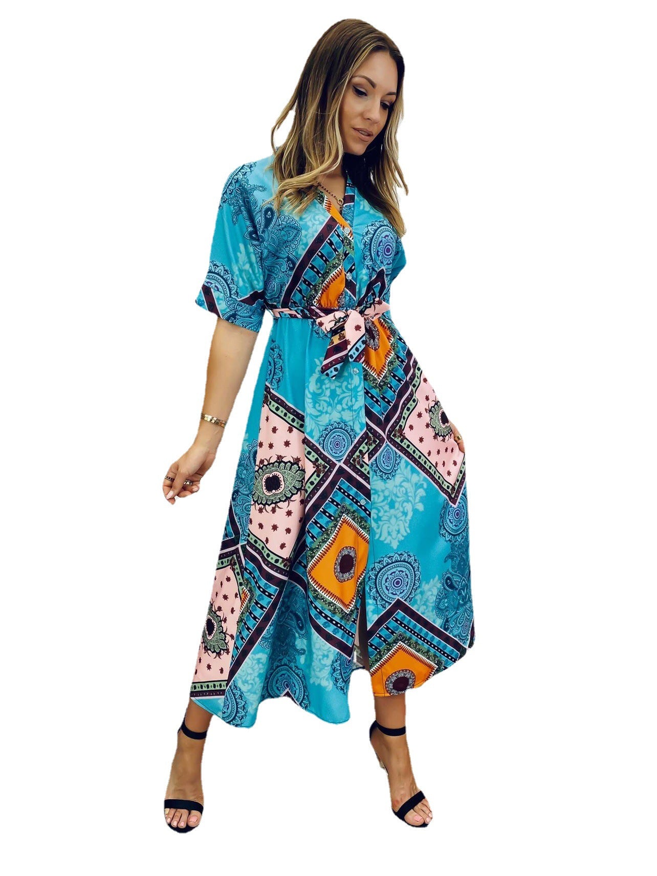 Women's Bohemian Inspired Slip Maxi Dress with Elegant Tie Belt Chic und Stil