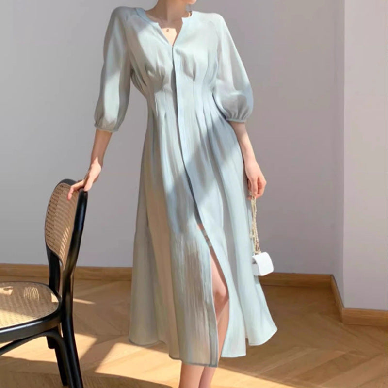 Robe midi élégante pour femmes avec manches bouffantes Chic und Stil