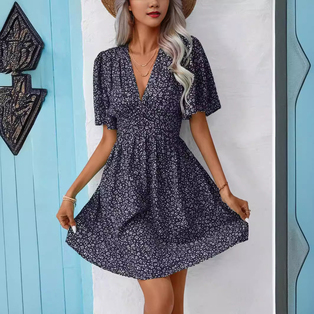 Women's Snowflake Pattern V-Neck Dress with Voluminous Sleeves and Elastic Waistband Chic und Stil