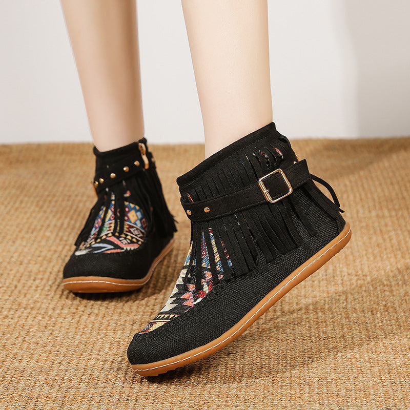 Bottes courtes à franges pour dames en tissu de haute qualité avec un motif ethnique coloré Chic und Stil