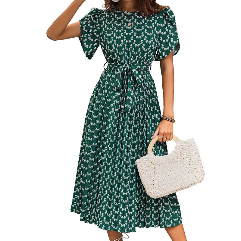 Robe midi femme avec ceinture à la taille et manches bouffantes Chic und Stil