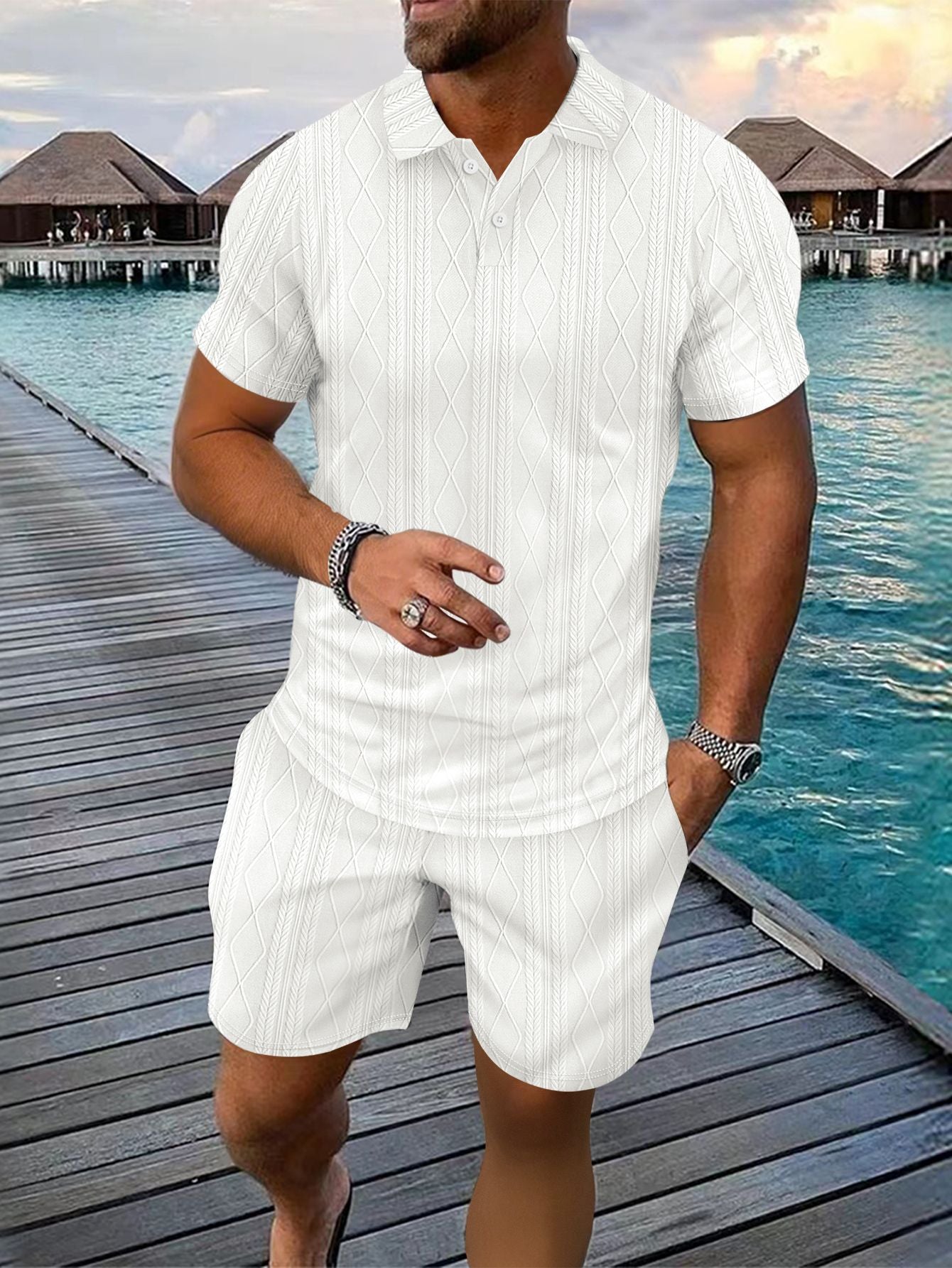 Hommes Ensemble Polo en Tricot Structuré et Shorts Chic und Stil