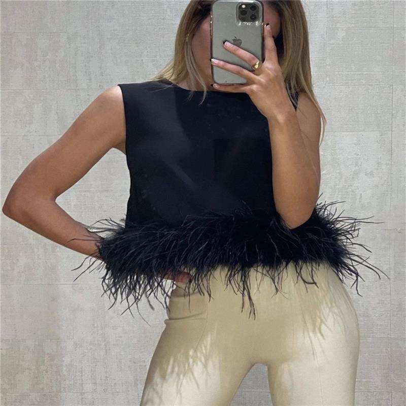 Dames Élégant Haut avec Plumes et Encolure Ronde Chic und Stil