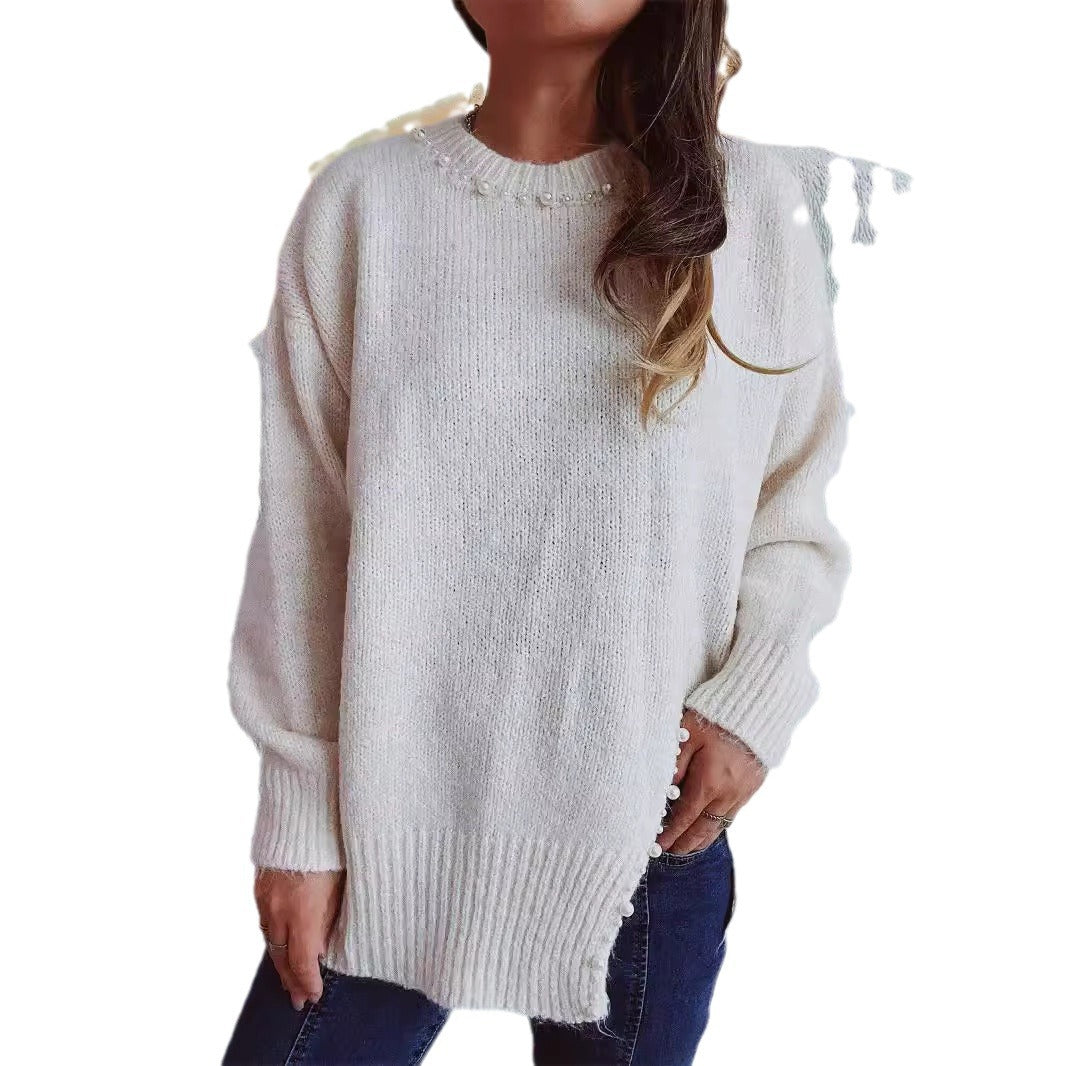 Pull en grosse maille pour femmes avec décolleté à perles et ourlet asymétrique Chic und Stil