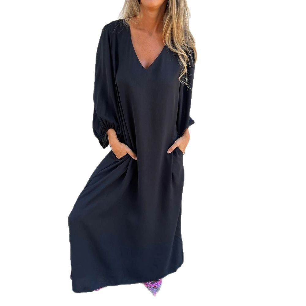 Femmes Robe Midi Élégante avec Décolleté en V et Manches Bouffantes Chic und Stil