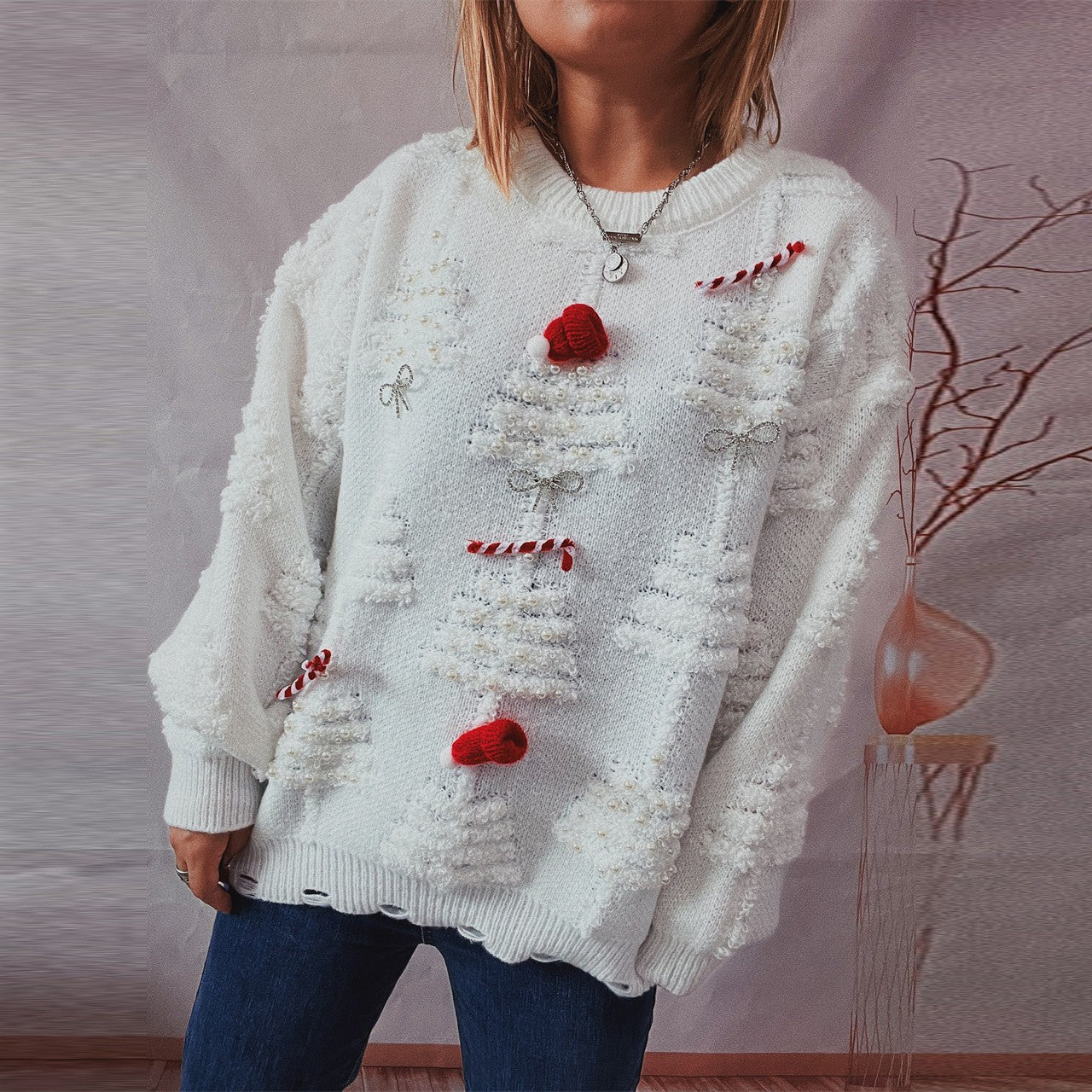 Pull over de fête pour dames avec des motifs de Noël créatifs et un design texturé Chic und Stil